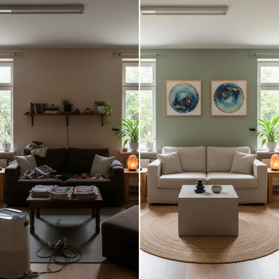 Vorher-Nachher-Bild eines Wohnzimmers mit dunklem Sofa, unordentlichem Tisch und leeren Wänden links, und hell eingerichtetes Wohnzimmer mit grauem Sofa, rundem Teppich, dekorativem Tisch und zwei abstrakten Bildern rechts.