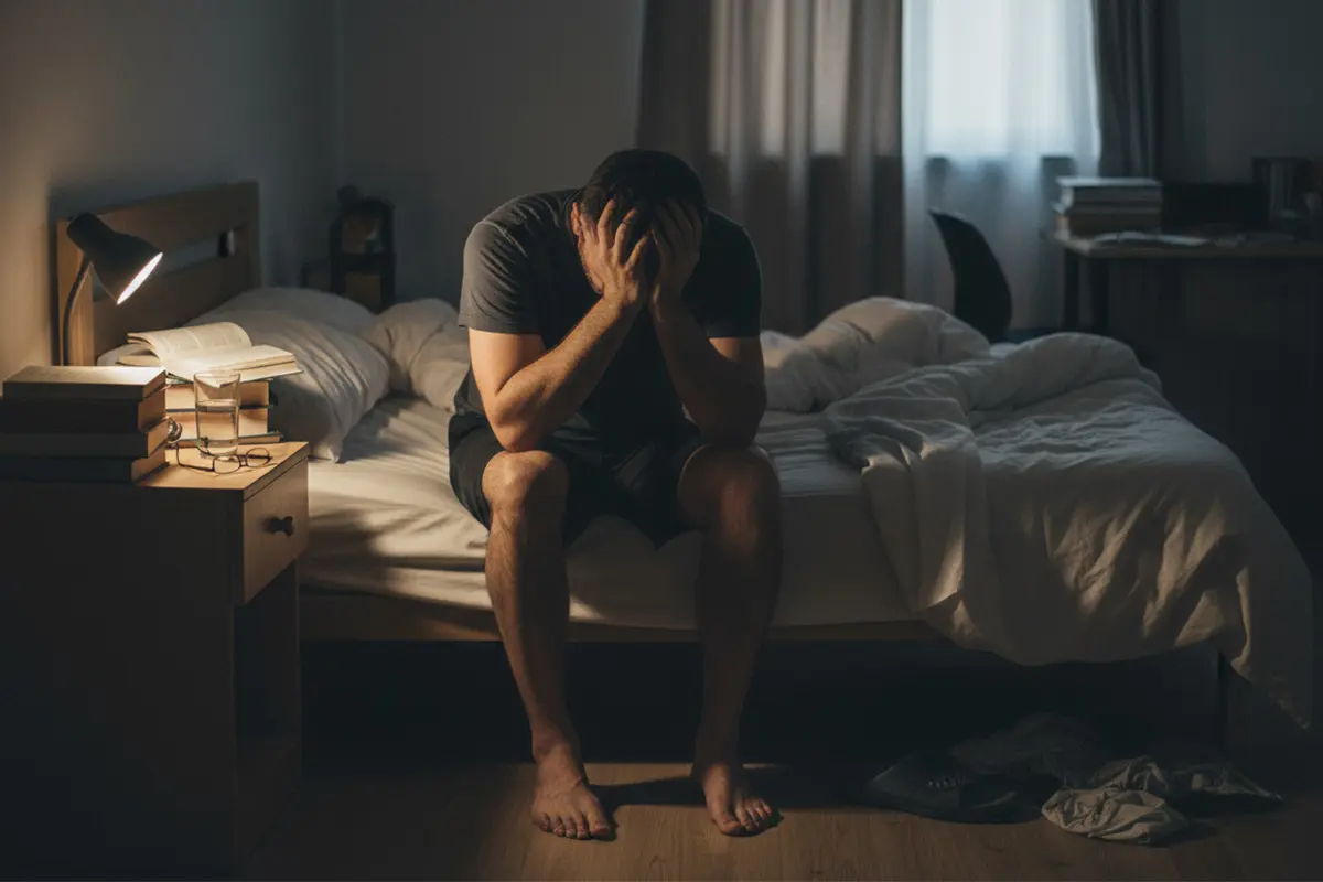 Mann sitzt mit gesenktem Kopf und Händen im Gesicht auf Bett in dunklem Schlafzimmer.
