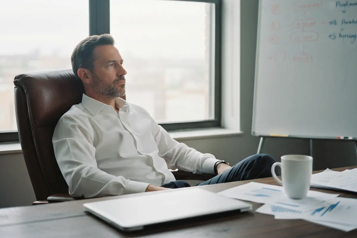 Nachdenklicher Geschäftsmann sitzt an einem Schreibtisch mit Laptop, Papieren und Kaffeetasse, vor einem Fenster und Whiteboard.