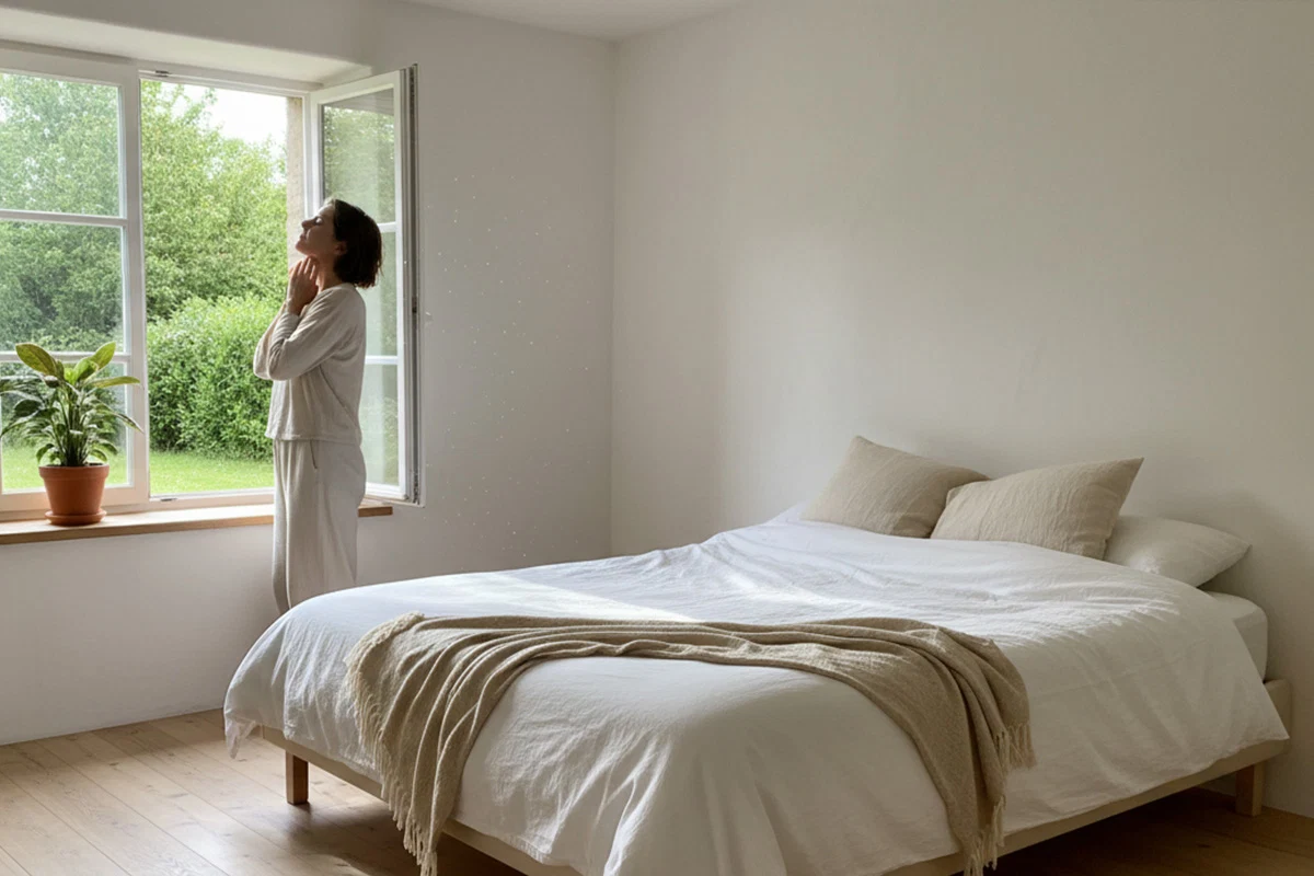 Frau in heller Kleidung steht am offenen Fenster in einem minimalistisch eingerichteten Schlafzimmer mit Topfpflanze auf der Fensterbank und weiß bezogenem Bett.