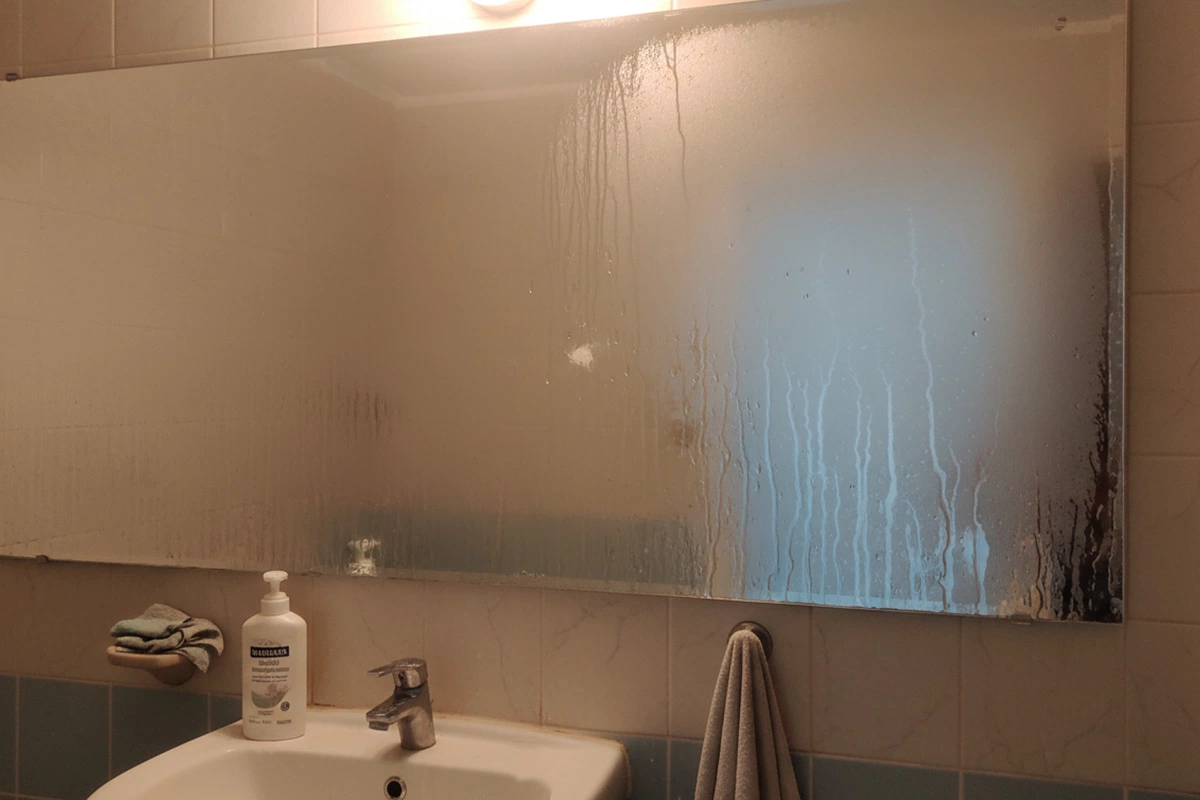 Beschlagener Badezimmerspiegel mit Wassertropfen, darunter ein Waschbecken, ein Handtuch und eine Seifenspenderflasche.