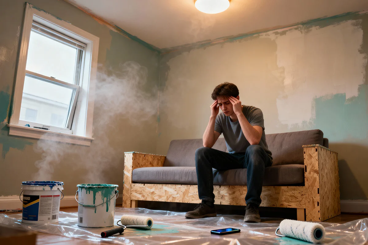 Junger Mann sitzt auf einem Sofa in einem unfertigen Raum mit Dampf, der aus Farbeimern auf dem Boden aufsteigt.
