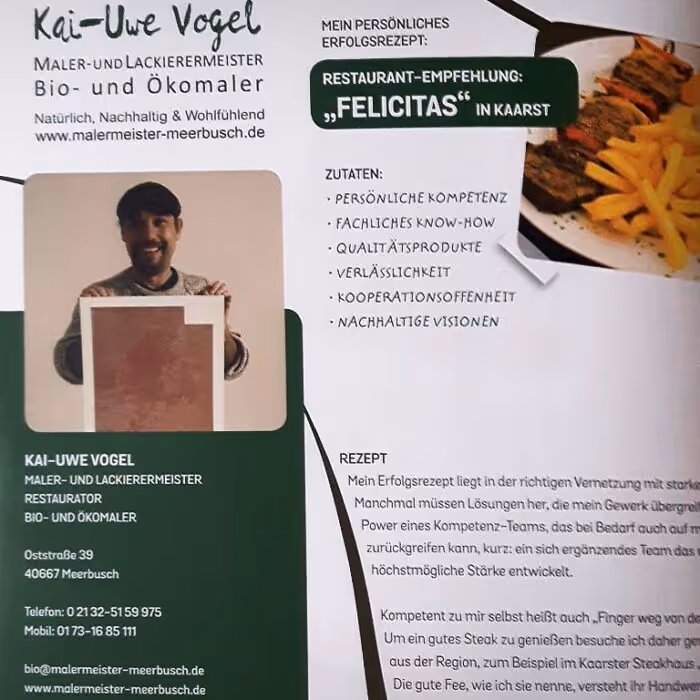 Portrait of Kai-Uwe Vogel, painter and restorer, holding a sample of paint or lacquer, with his contact details and his personal restaurant recommendation for Felicitas in Kaarst alongside a recipe for success.