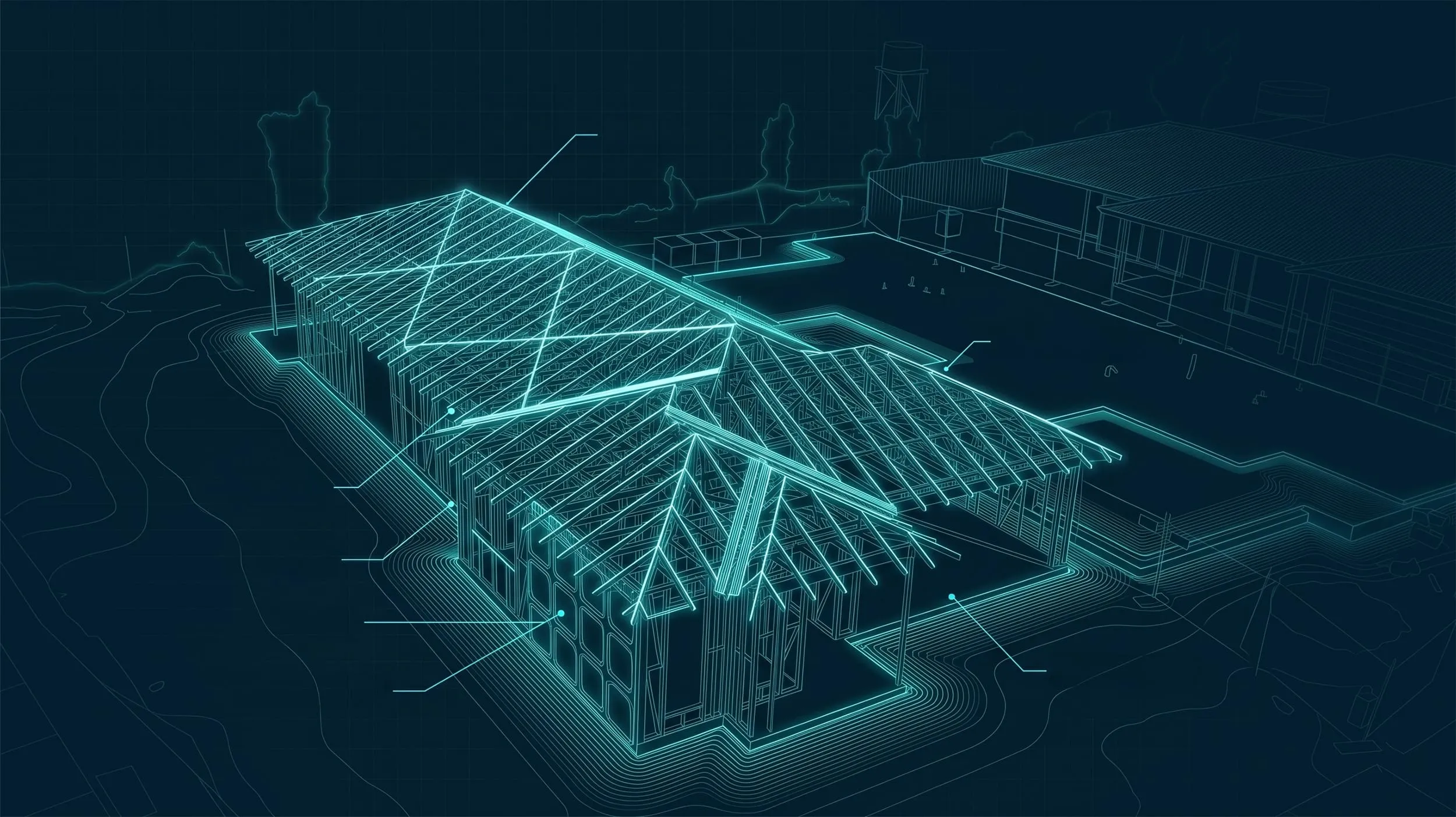 Wireframe blueprint of a building showing roof framing, walls, and foundation contour lines.