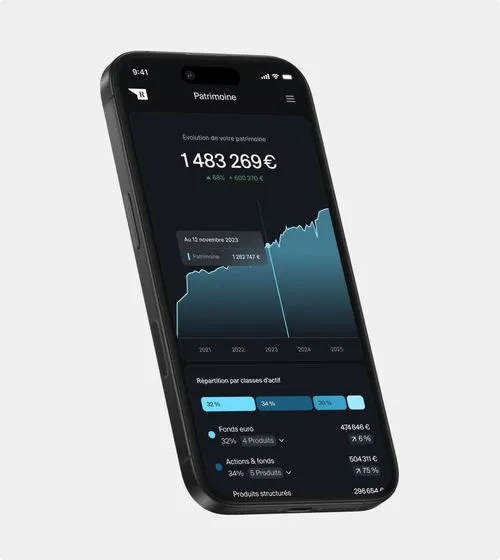 Interface d'application mobile affichant l'évolution d'un patrimoine financier avec un graphique et la répartition par classes d'actifs en euros.
