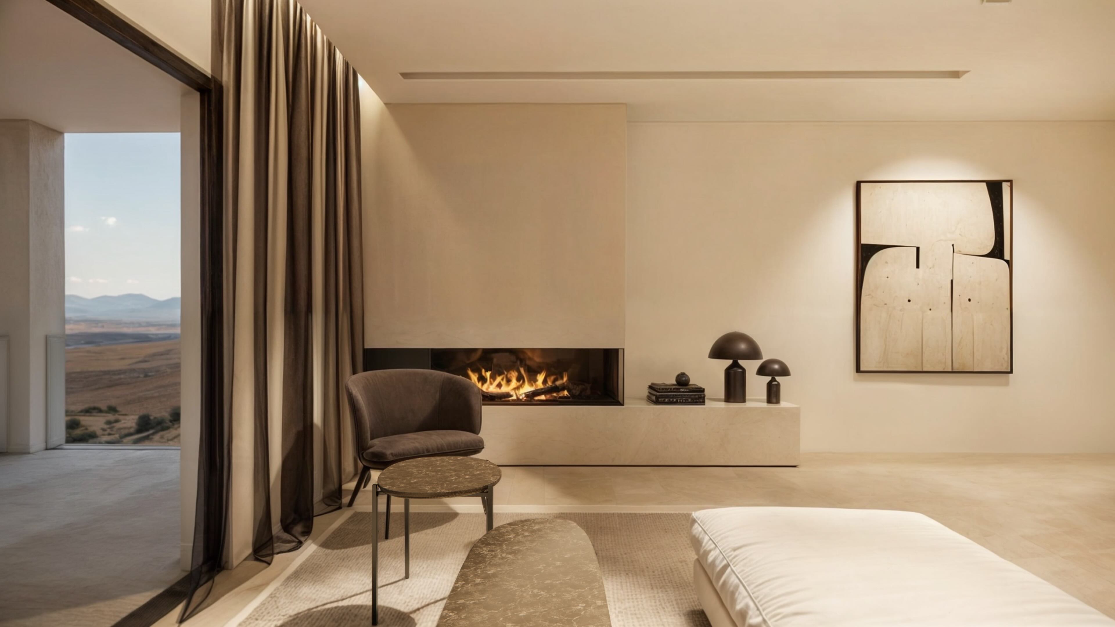 Hochwertiger Wohnbereich mit Kamin und Designmöbeln Interior Design