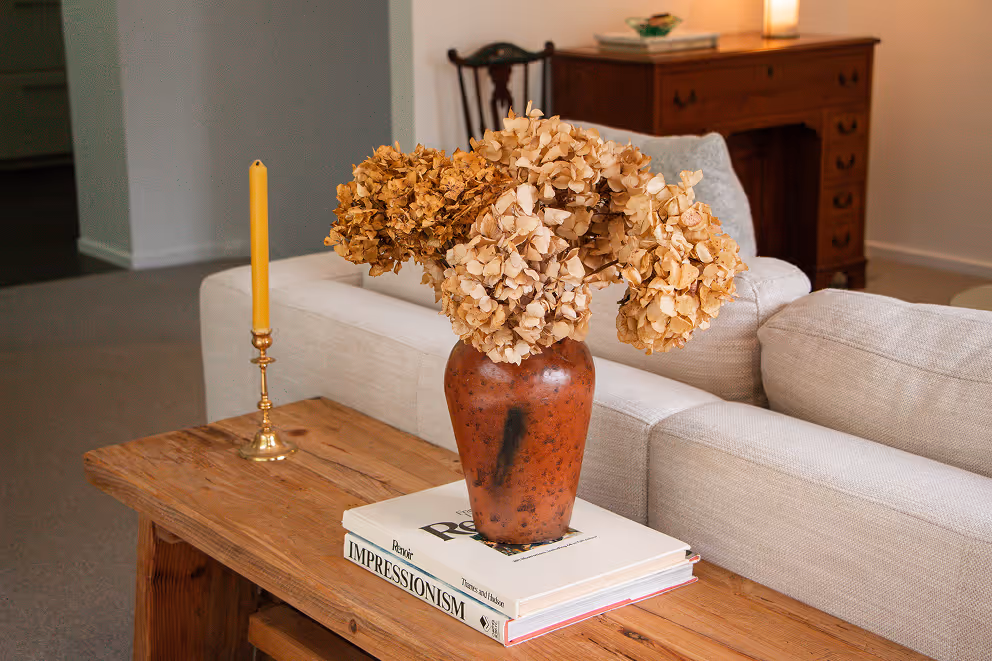 Decor detail of terracotta vase with dried hydrangeas on coffee table in a cozy Auckland short-term rental living room.