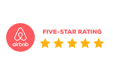 Airbnb logo with text Five-Star Rating and five yellow stars.