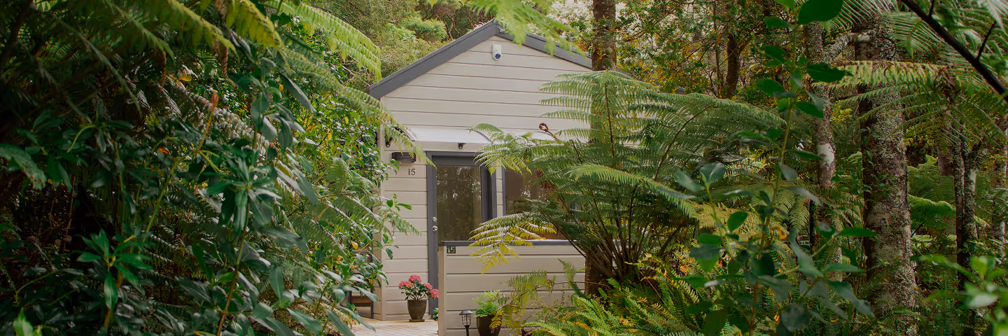 Small beige cabin numbered 15 surrounded by dense green foliage and ferns.