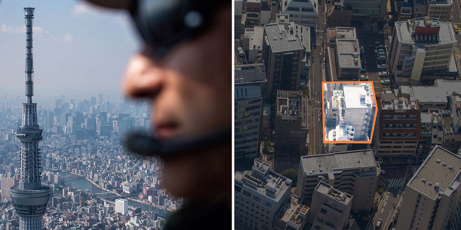Split image showing a close-up side profile of a man with a headset overlooking a city with a tall tower on the left, and an aerial view of a city block on the right with one building highlighted in orange.