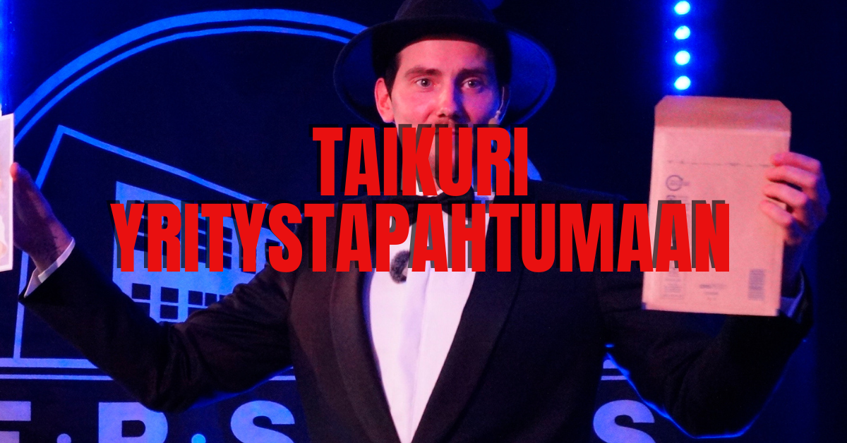 Taikuri Antti Kalliokoski esiintymässä yritysjuhlassa