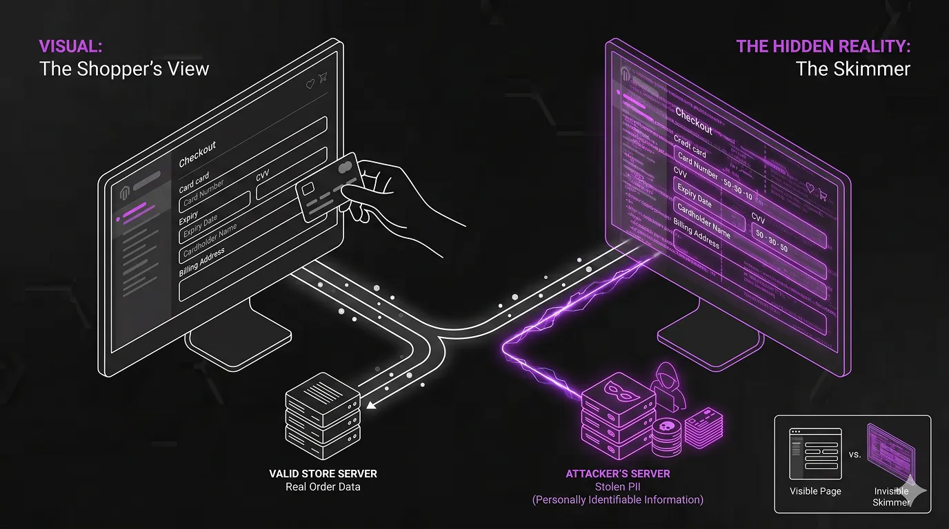 Checkout skimmers steal card data from Magento stores without breaking anything. What they really cost you, why you won't notice, and how to cut the risk.