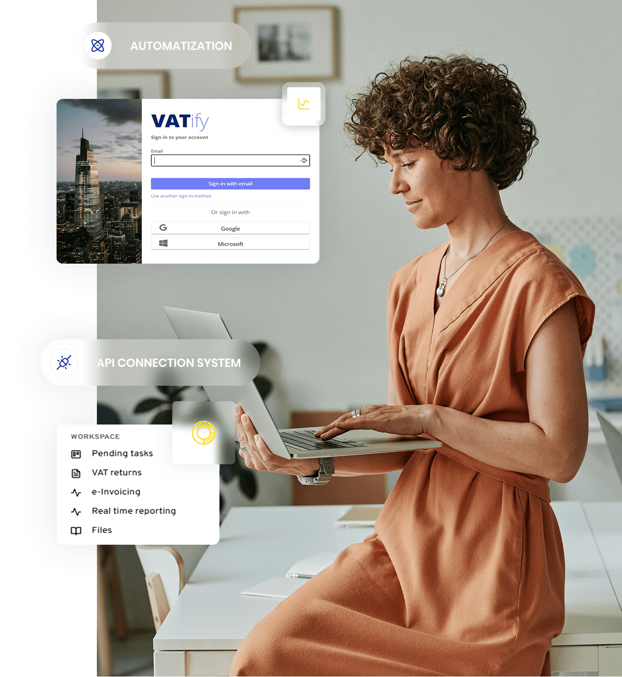 woman working and some tags on the top of the image