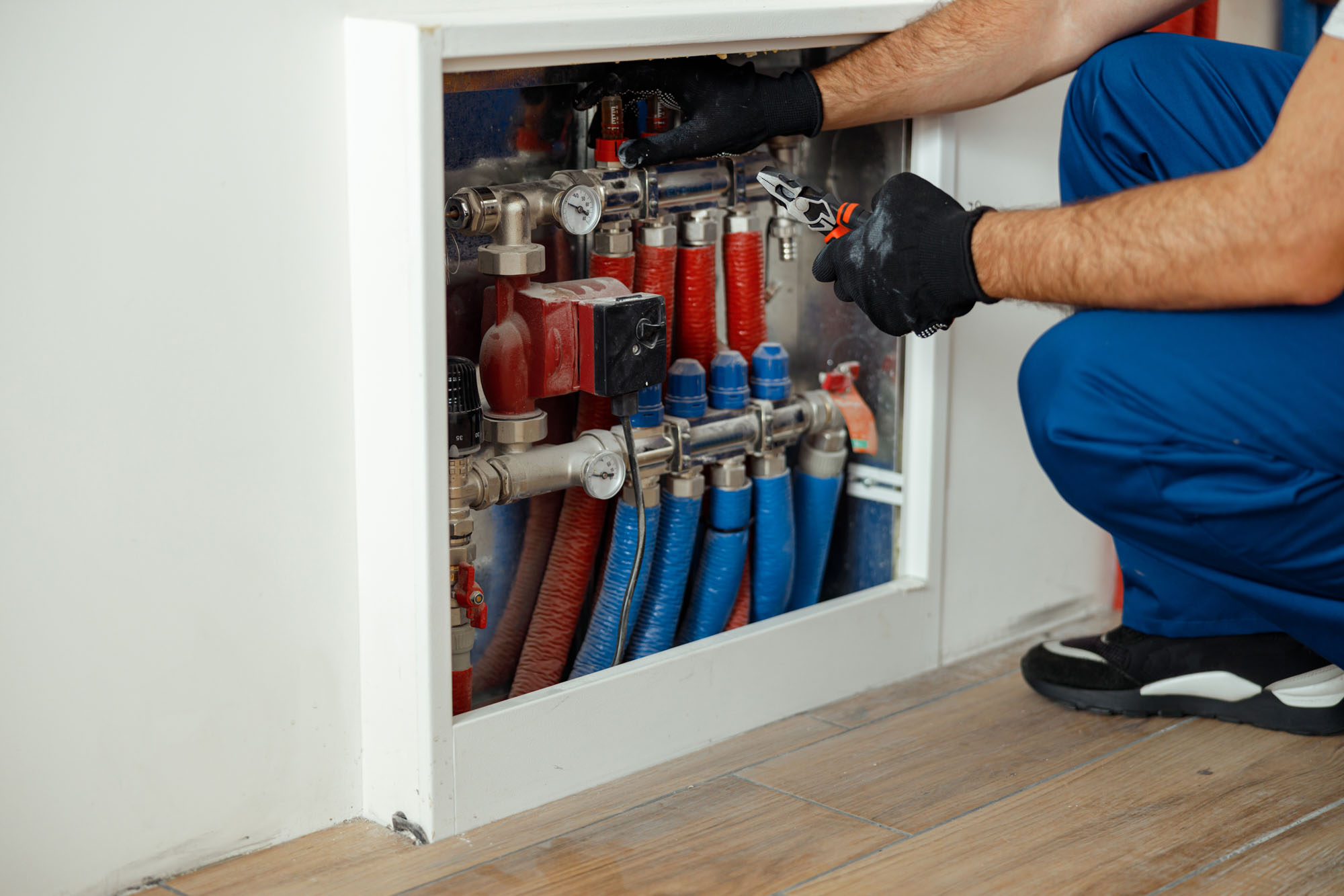 Person in gloves adjusting valves with a wrench on a plumbing system with red and blue pipes.