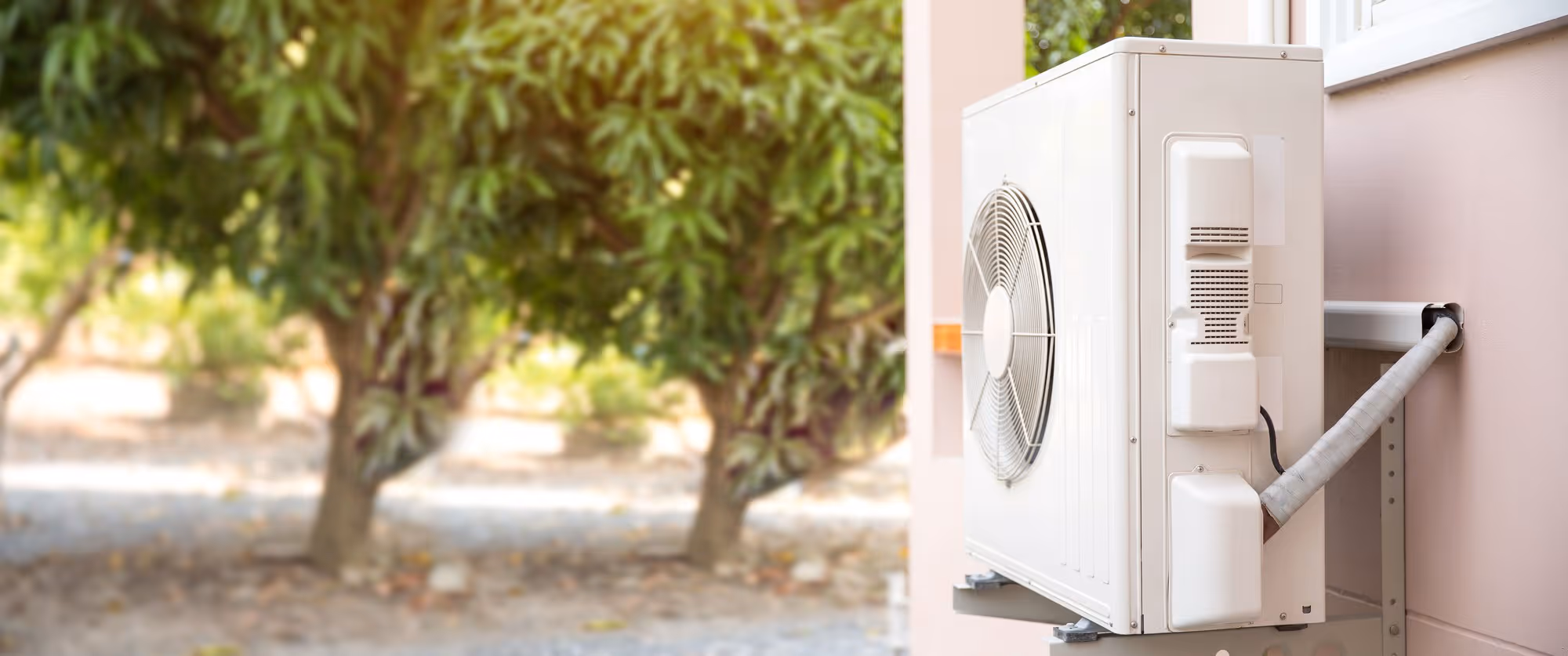 Air conditioning unit installed on an outdoor wall with trees visible in the background.