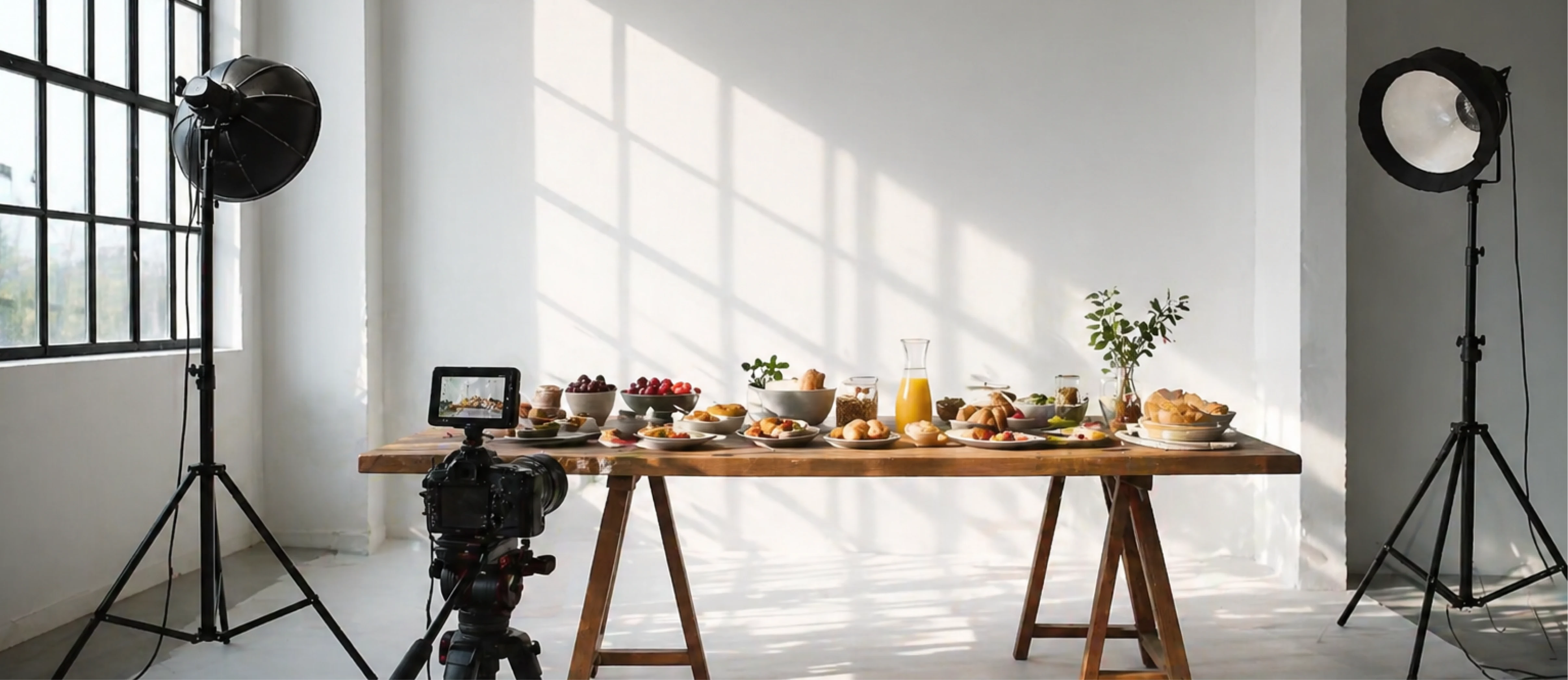 Filmausstattung mit Kamera, Lichttechnik und Catering‑Tisch in einer Eventlocation, eingerichtet als Kulisse für Foto‑ und Videoproduktionen.