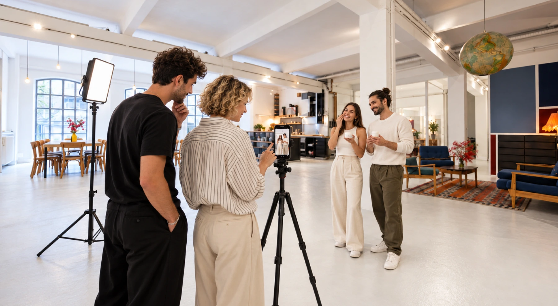 Foto- und Video-Setup mit Smartphone, Stativ und Studiolicht in einer hellen Mietlocation in Hamburg