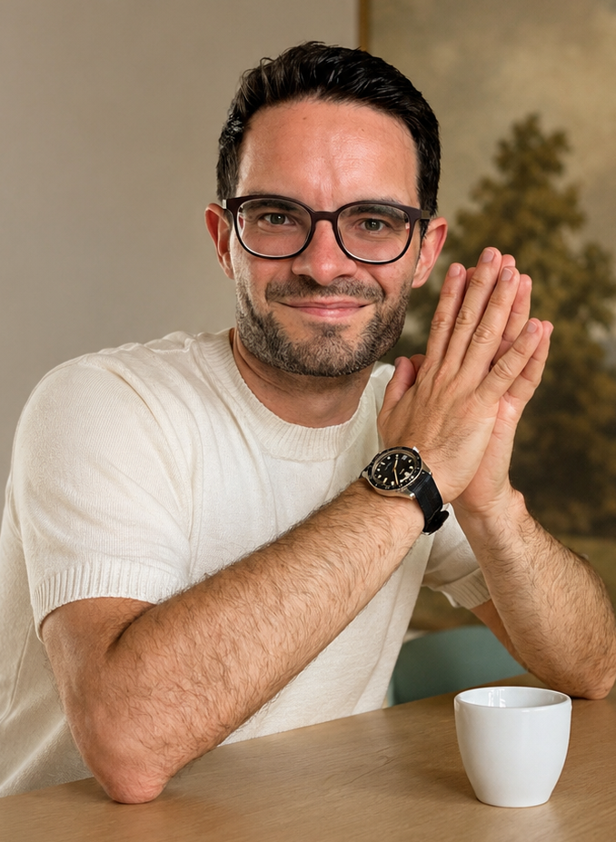 Stefan schreibt in ein Notizbuch, neben einer Tasse Kaffee und Pflanzen.