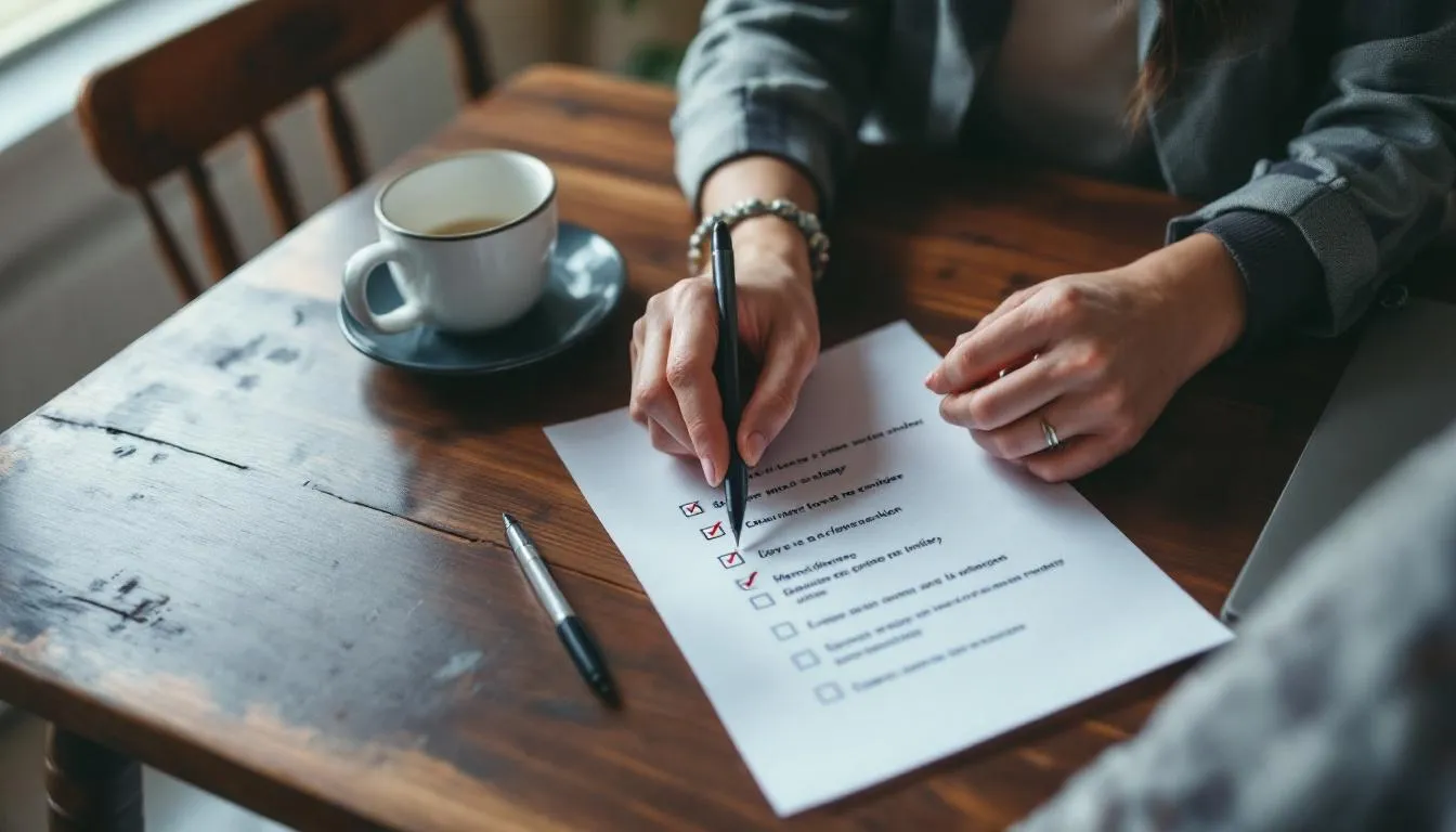 . The image depicts a person reviewing a checklist on a document, focused on ensuring compliance with ESG reporting obligations and European sustainability reporting standards. The checklist likely includes key areas related to corporate sustainability and risk management in the context of sustainable development.