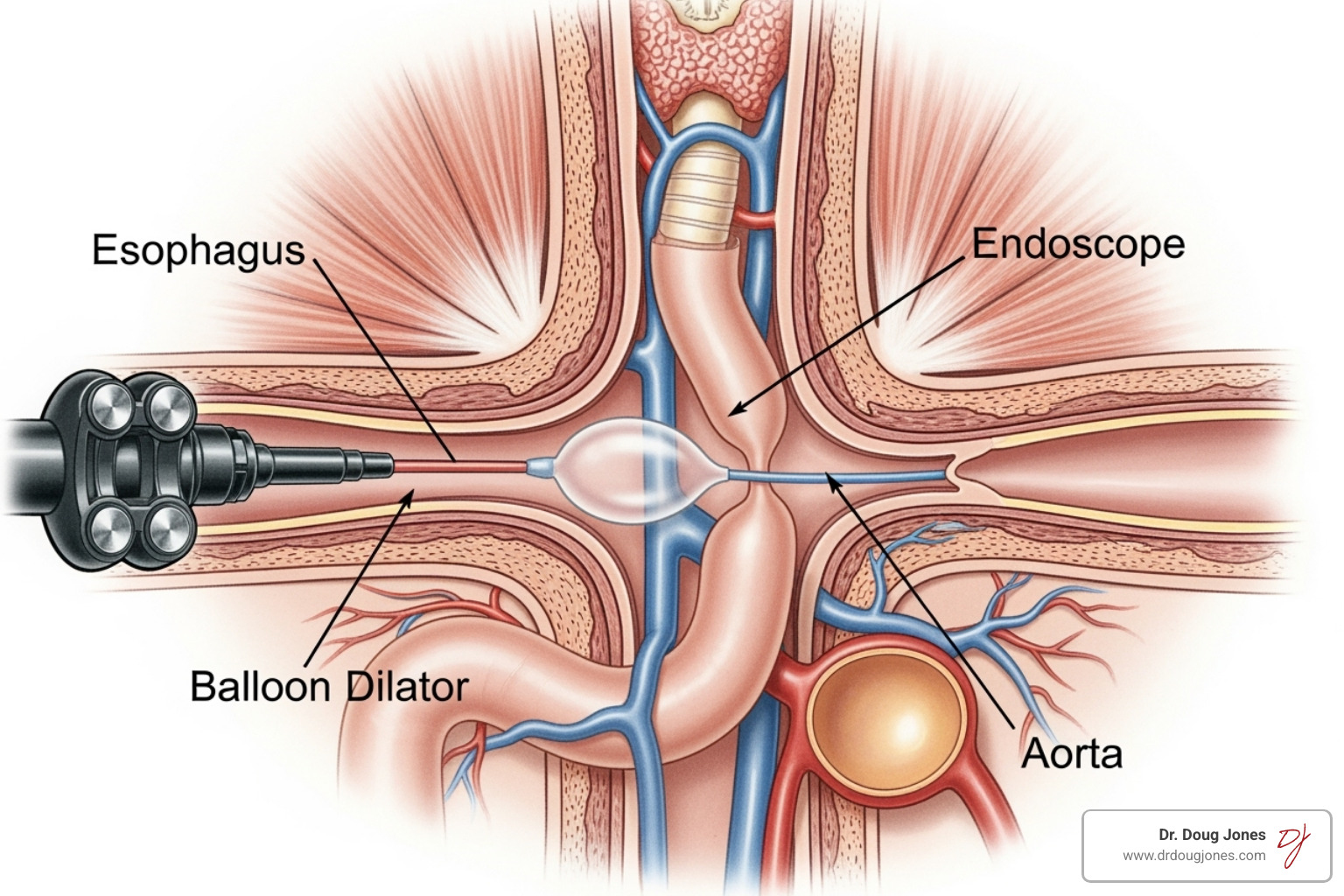 Diagram showing an endoscope with a balloon or dilator being used to gently stretch a narrowed section of the esophagus - Eosinophilic esophagitis treatment Diagram showing an endoscope with a balloon or dilator being used to gently stretch a narrowed section of the esophagus - Eosinophilic esophagitis treatment