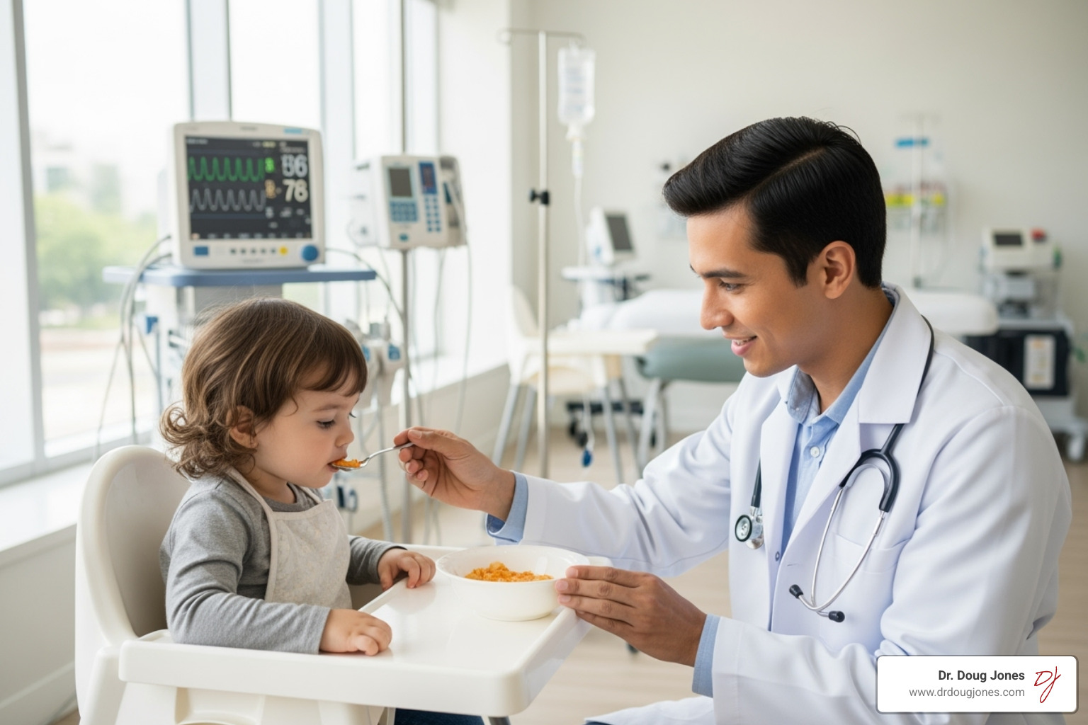 A doctor, wearing a white coat, is observing a child who is carefully eating a small portion of food from a spoon in a bright, clinical setting. The doctor has a kind, attentive expression, and medical equipment is visible in the background, ensuring safety. - allergic food test A doctor, wearing a white coat, is observing a child who is carefully eating a small portion of food from a spoon in a bright, clinical setting. The doctor has a kind, attentive expression, and medical equipment is visible in the background, ensuring safety. - allergic food test