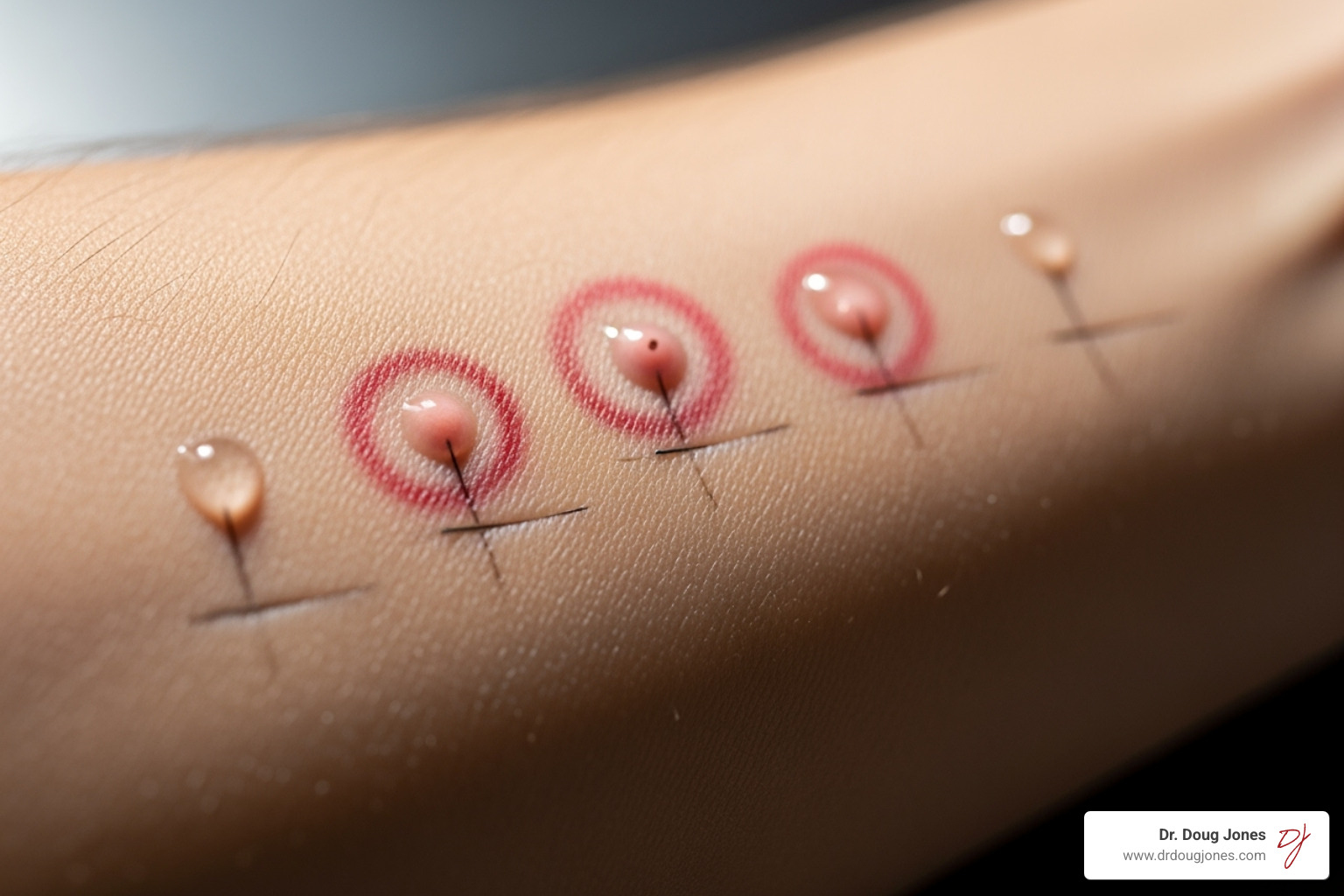 A close-up image of a skin prick test being performed on a person's arm, showing small drops of allergen extracts on the skin and a few positive reactions with wheals and redness. - allergic food test A close-up image of a skin prick test being performed on a person's arm, showing small drops of allergen extracts on the skin and a few positive reactions with wheals and redness. - allergic food test