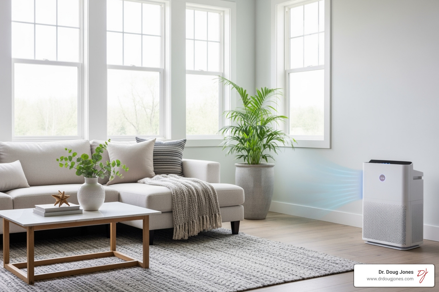 A clean, modern living room with a HEPA air purifier running, indicating good indoor air quality. - allergy symptom relief A clean, modern living room with a HEPA air purifier running, indicating good indoor air quality. - allergy symptom relief