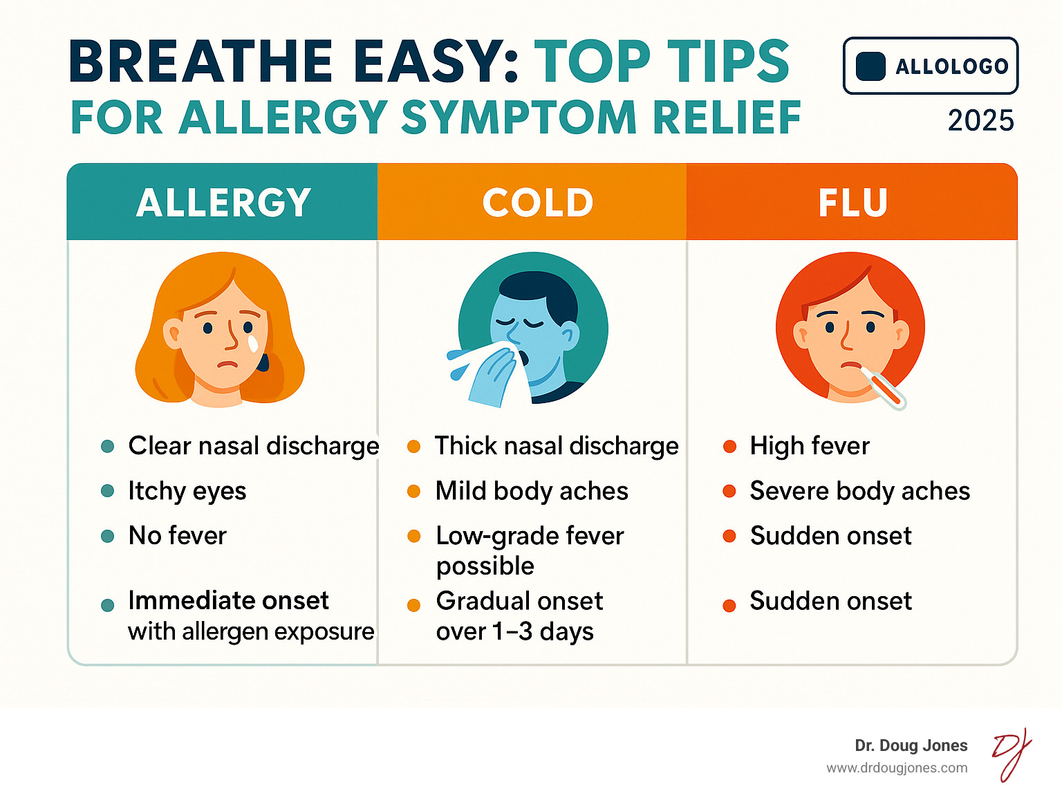 Comprehensive comparison chart showing the key differences between allergy symptoms (clear nasal discharge, itchy eyes, no fever, immediate onset with allergen exposure), cold symptoms (thick nasal discharge, mild body aches, low-grade fever possible, gradual onset over 1-3 days), and flu symptoms (high fever, severe body aches, fatigue, sudden onset) - allergy symptom relief infographic  Comprehensive comparison chart showing the key differences between allergy symptoms (clear nasal discharge, itchy eyes, no fever, immediate onset with allergen exposure), cold symptoms (thick nasal discharge, mild body aches, low-grade fever possible, gradual onset over 1-3 days), and flu symptoms (high fever, severe body aches, fatigue, sudden onset) - allergy symptom relief infographic