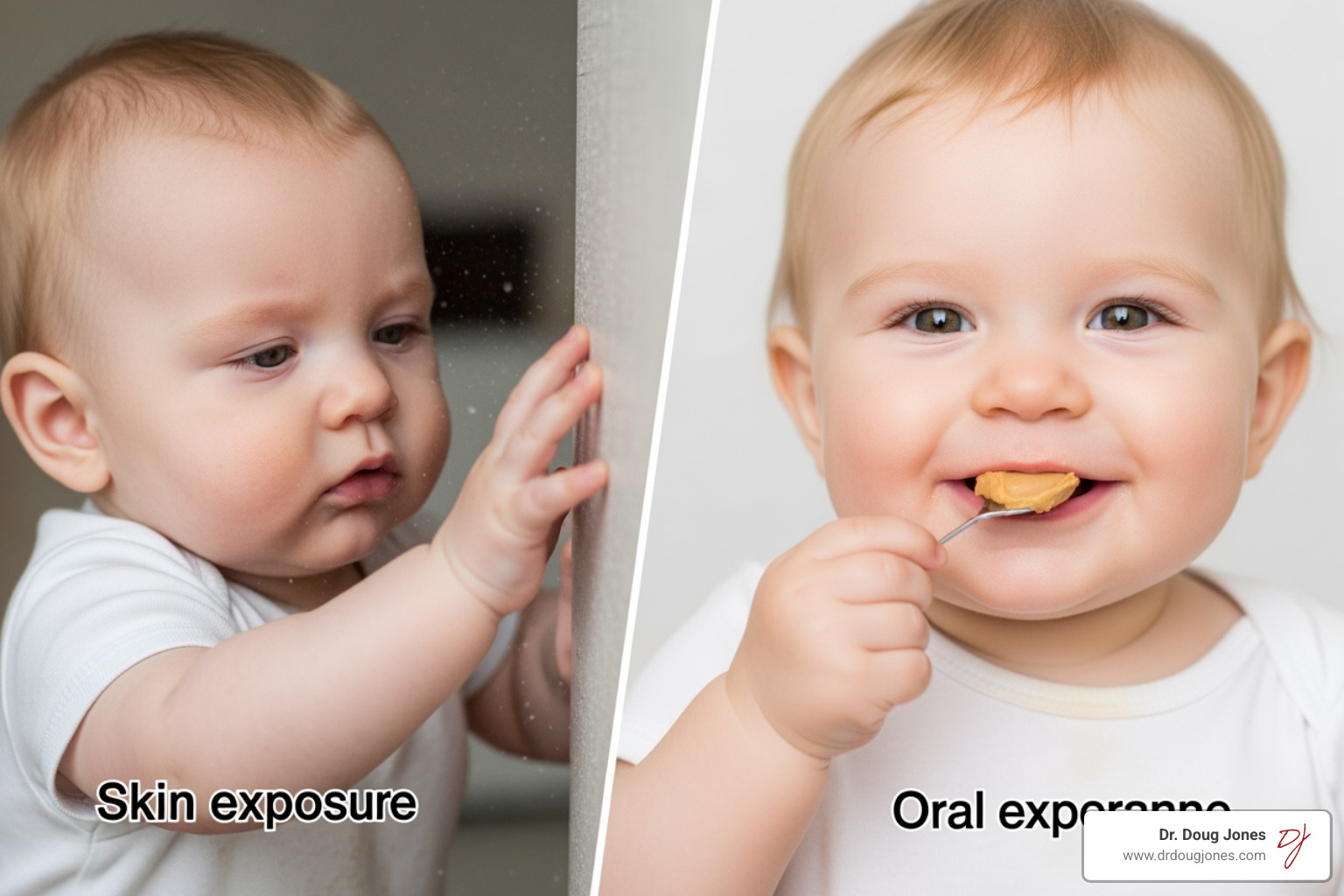 Image illustrating the dual-allergen exposure hypothesis, showing how skin exposure (e.g., through damaged skin barrier or environmental dust) can lead to sensitization, while early and consistent oral exposure promotes tolerance - Food allergy immune response Image illustrating the dual-allergen exposure hypothesis, showing how skin exposure (e.g., through damaged skin barrier or environmental dust) can lead to sensitization, while early and consistent oral exposure promotes tolerance - Food allergy immune response