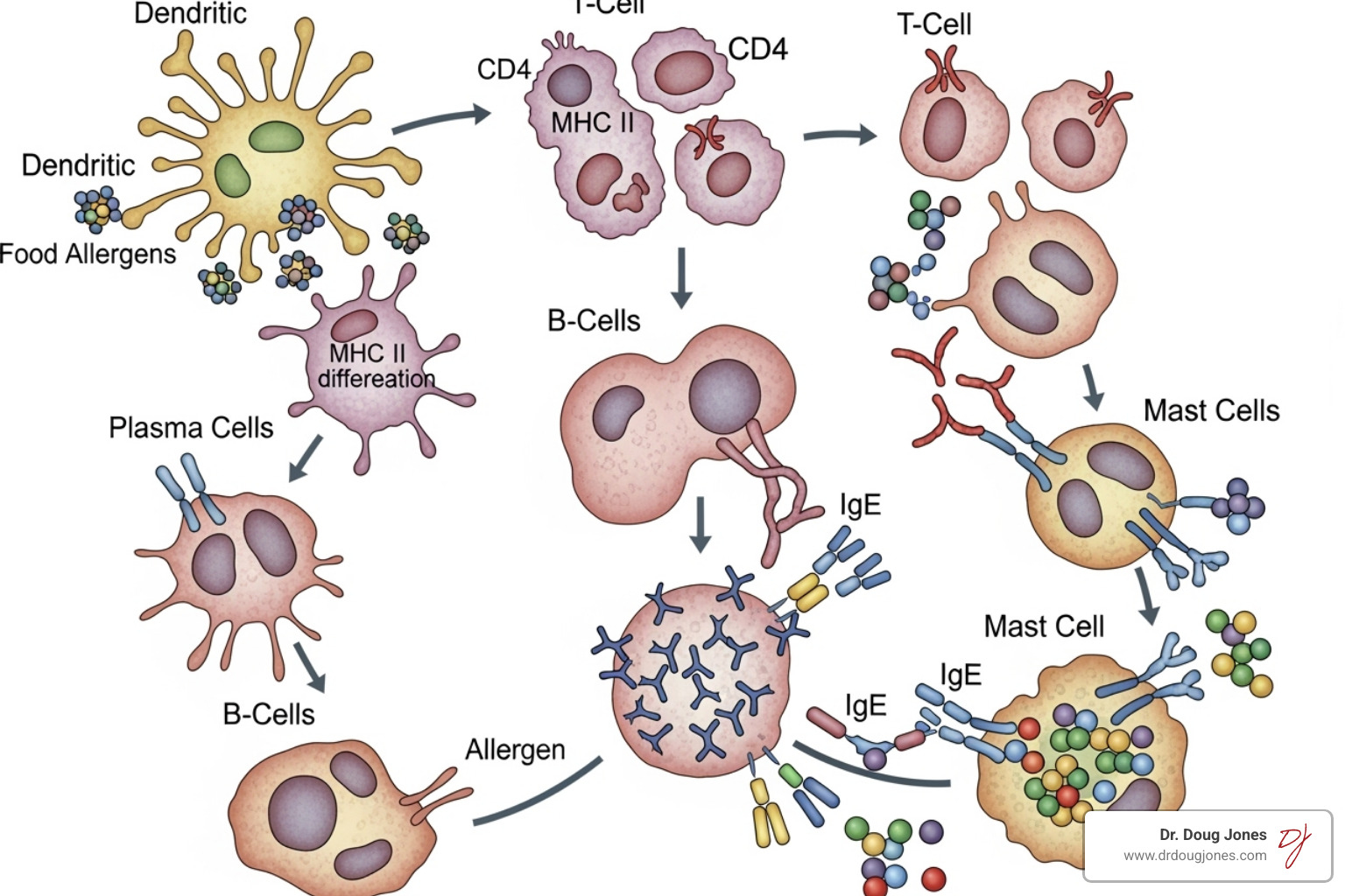 Image illustrating the complex sensitization and reaction cascade in food allergy, showing dendritic cells presenting allergens, T-cells maturing, B-cells producing IgE, and IgE-bound mast cells releasing mediators upon re-exposure - Food allergy immune response Image illustrating the complex sensitization and reaction cascade in food allergy, showing dendritic cells presenting allergens, T-cells maturing, B-cells producing IgE, and IgE-bound mast cells releasing mediators upon re-exposure - Food allergy immune response