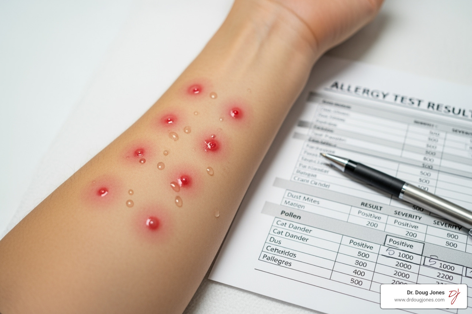 Image showing a patient undergoing a skin prick test on their arm, with several positive reactions visible, alongside a detailed lab report displaying component-resolved diagnostic results for various peanut allergens - Food allergy immune response Image showing a patient undergoing a skin prick test on their arm, with several positive reactions visible, alongside a detailed lab report displaying component-resolved diagnostic results for various peanut allergens - Food allergy immune response