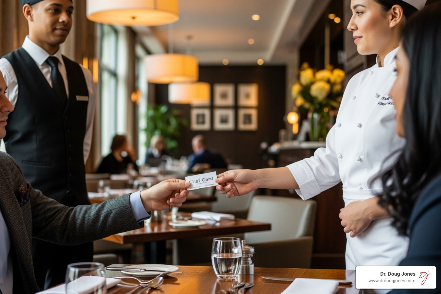 person using chef card at restaurant - food allergy expert person using chef card at restaurant - food allergy expert