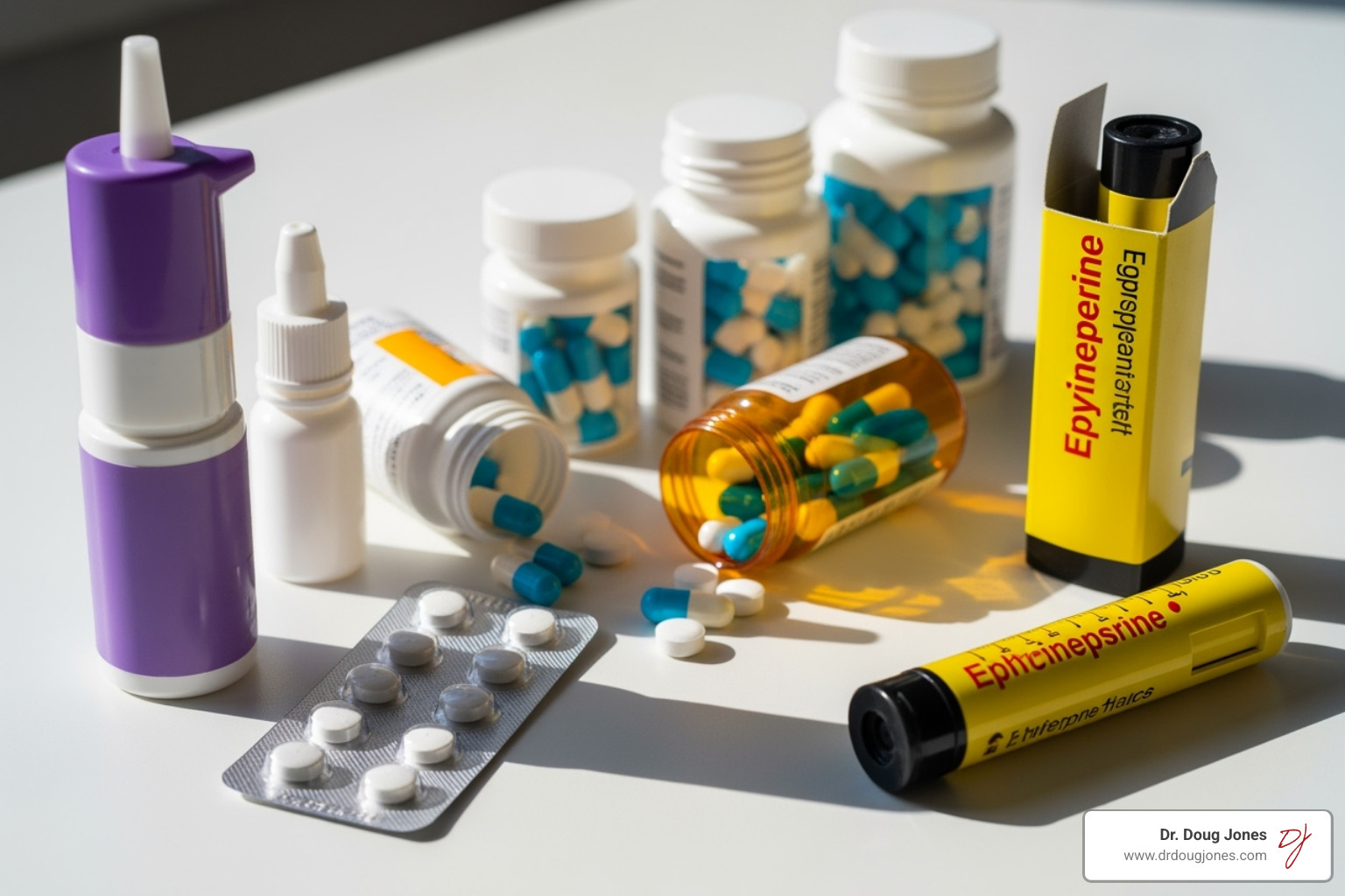 Image showing different treatment options like nasal sprays, pills, and an epinephrine auto-injector - allergy root cause