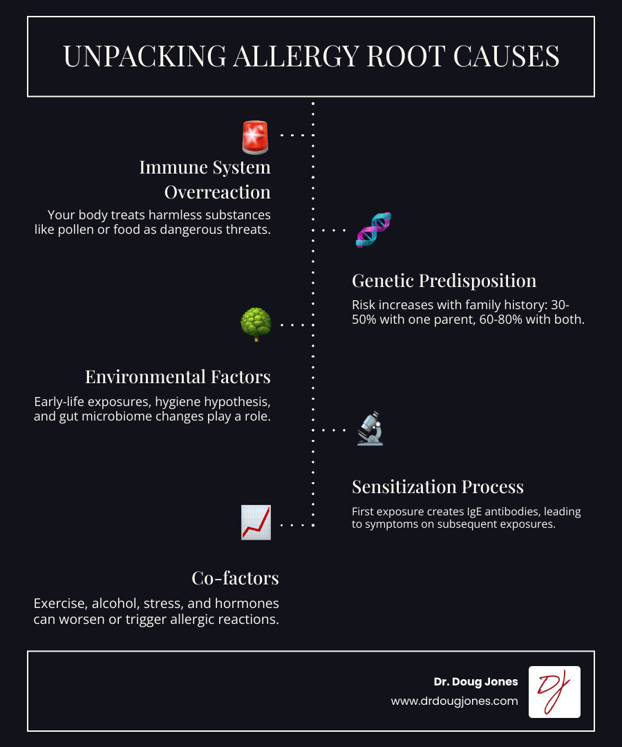Comprehensive infographic showing the allergic reaction process from initial sensitization through IgE antibody formation, mast cell activation, and histamine release, with genetic and environmental factors illustrated as contributing root causes - allergy root cause infographic infographic-line-5-steps-dark