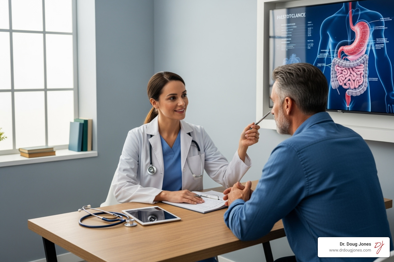Doctor consulting with a patient about digestive symptoms, pointing to a diagram of the digestive system - auto immune disorder chronic stomach pain