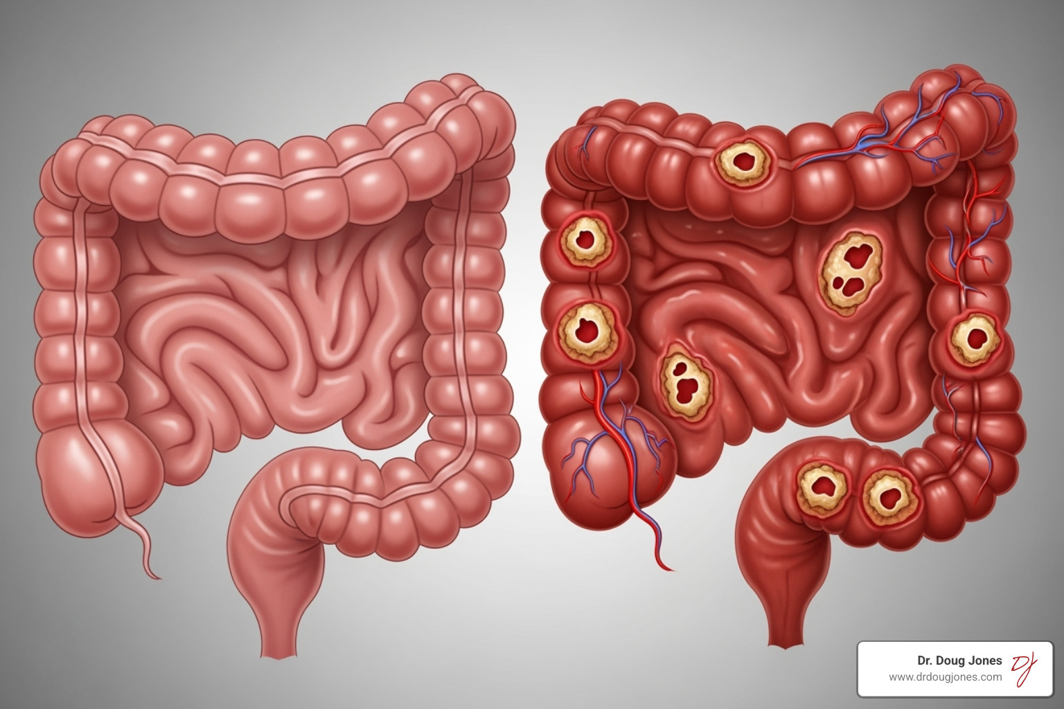 Comparison of a healthy colon to one affected by Inflammatory Bowel Disease, showing inflammation and ulcerations - auto immune disorder chronic stomach pain