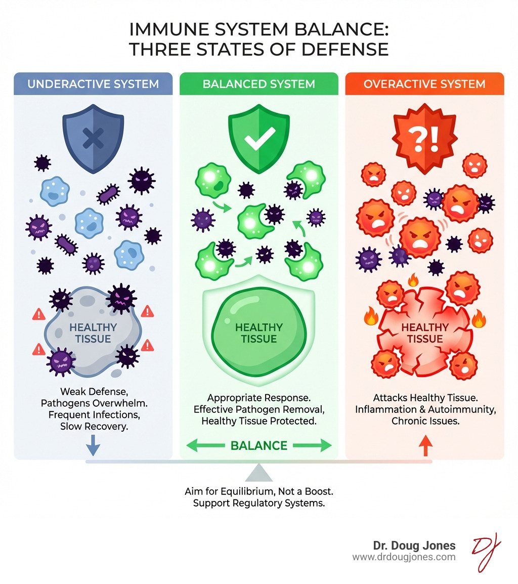 infographic showing three immune system states: underactive system with pathogens overwhelming defenses and frequent infections, balanced system with appropriate pathogen response and healthy tissue protection, and overactive system with immune cells attacking healthy tissue causing inflammation and autoimmunity - Immune system balance infographic 