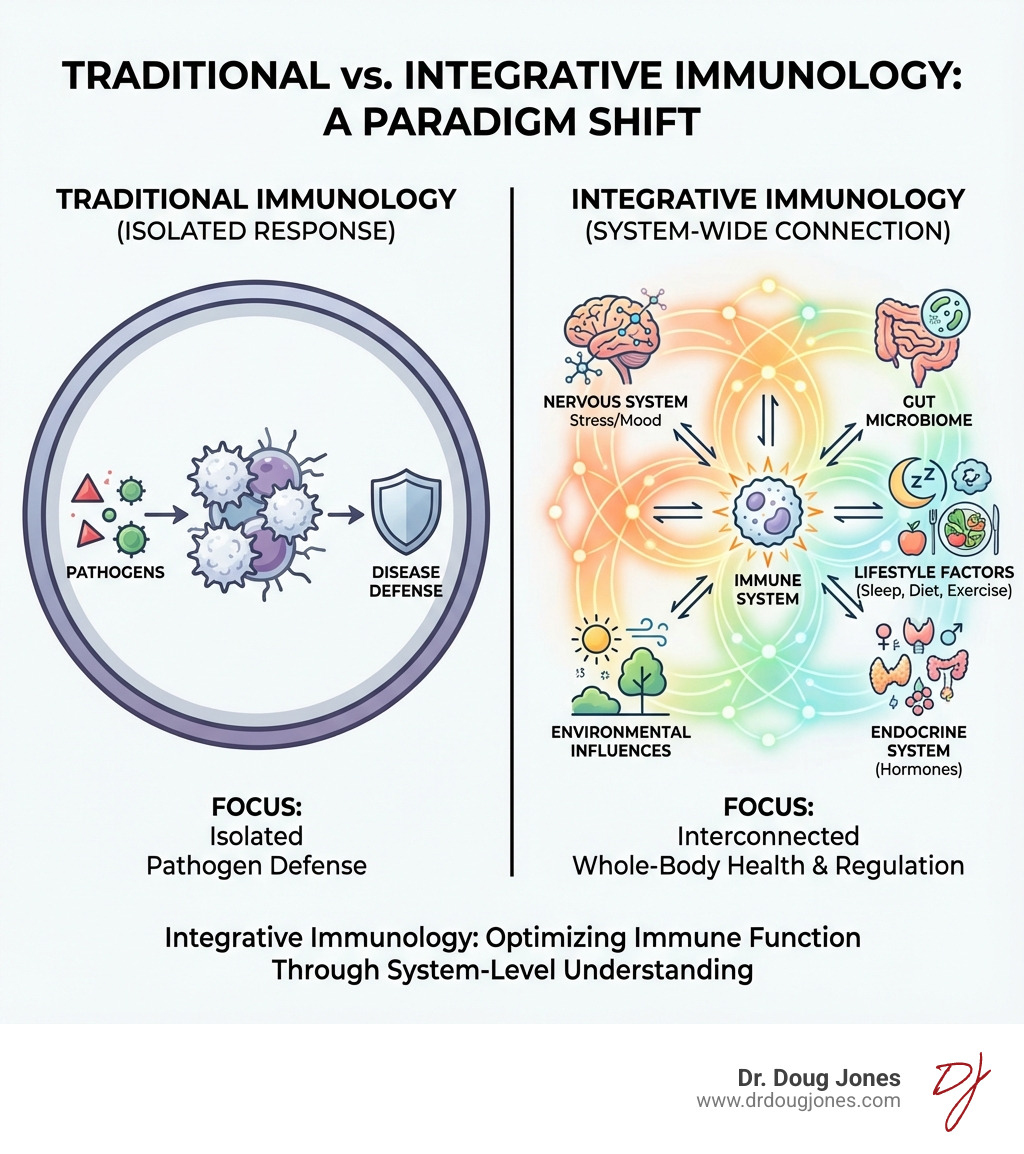 Infographic comparing traditional immunology (focused on isolated immune responses to pathogens) versus integrative immunology (showing immune system connections to gut microbiome, nervous system, endocrine system, lifestyle factors like diet and sleep, and environmental influences, all working together to regulate whole-body health) - integrative immunology infographic 