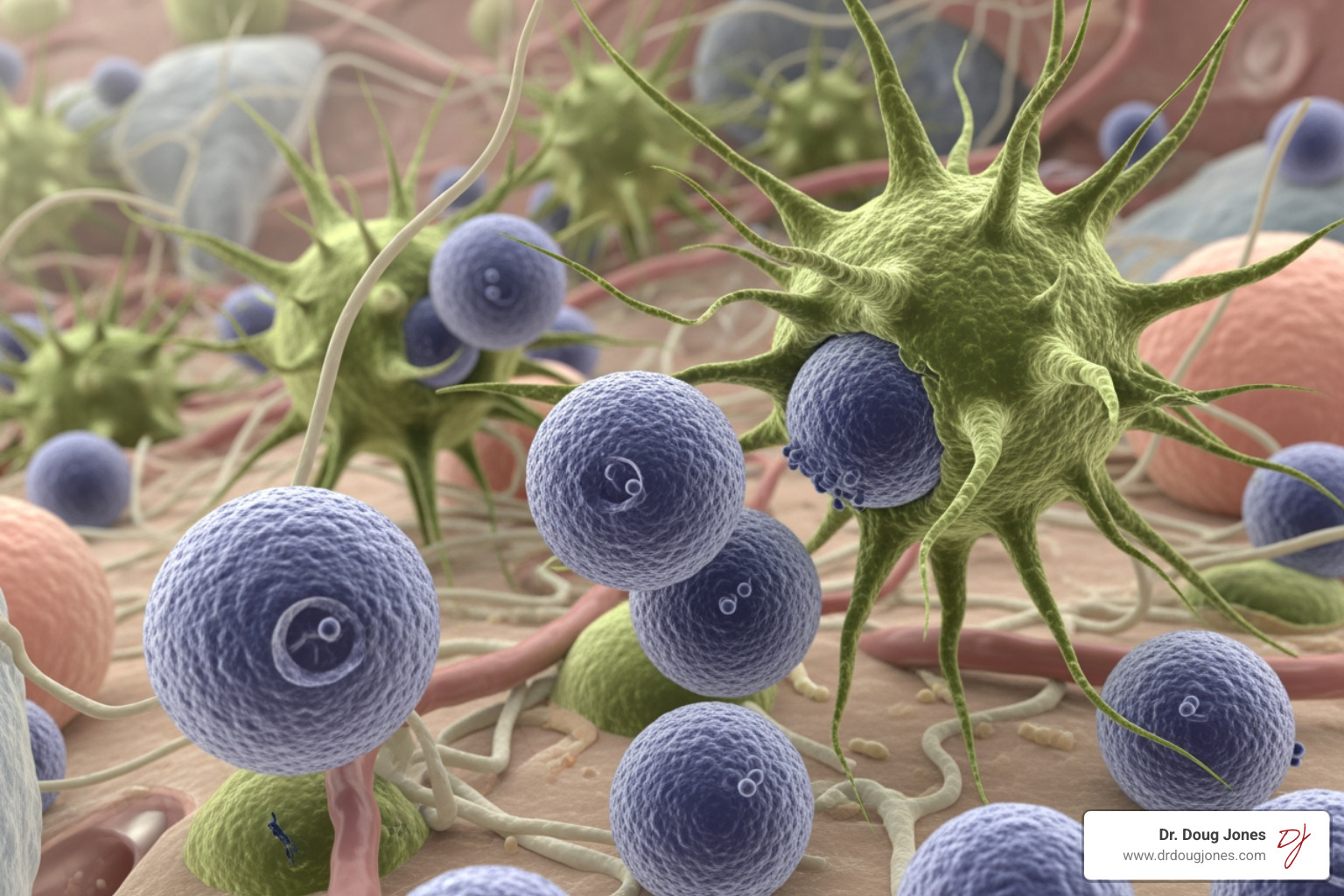 Image of immune cells like T-cells and macrophages - Comprehensive immune support