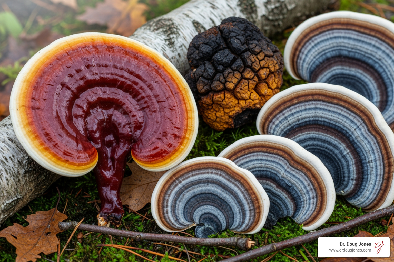 Image of various medicinal mushrooms like Reishi, Chaga, and Turkey Tail - Comprehensive immune support