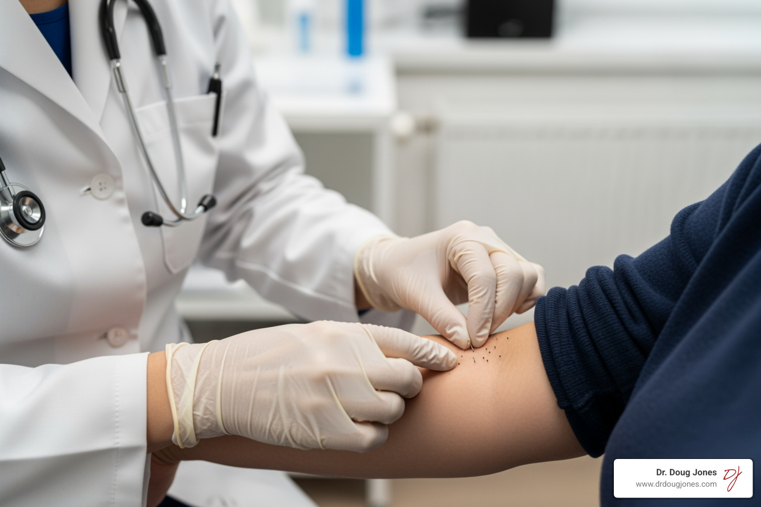 doctor performing skin prick test - food allergy doctor doctor performing skin prick test - food allergy doctor