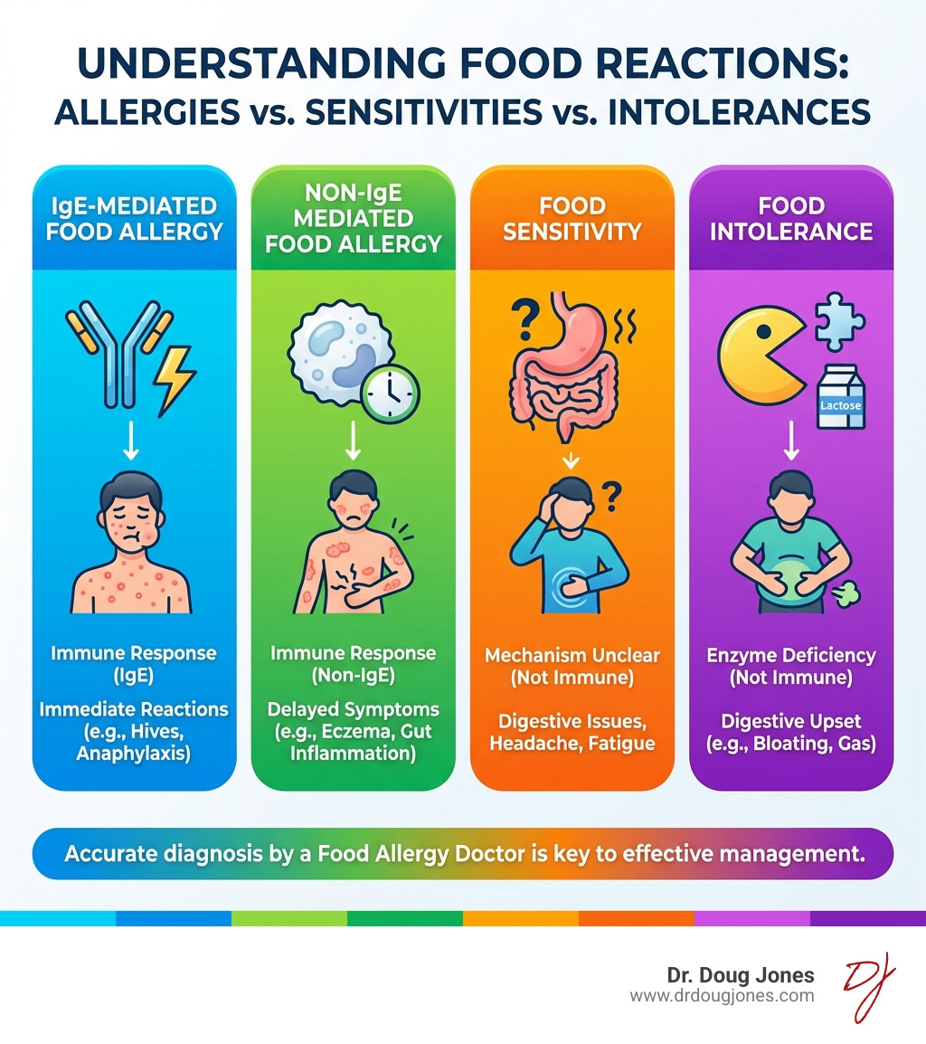 infographic showing the differences between IgE-mediated food allergies with immediate reactions, non-IgE mediated allergies with delayed symptoms, food sensitivities with digestive issues, and food intolerances like lactose intolerance with enzyme deficiencies - food allergy doctor infographic infographic showing the differences between IgE-mediated food allergies with immediate reactions, non-IgE mediated allergies with delayed symptoms, food sensitivities with digestive issues, and food intolerances like lactose intolerance with enzyme deficiencies - food allergy doctor infographic