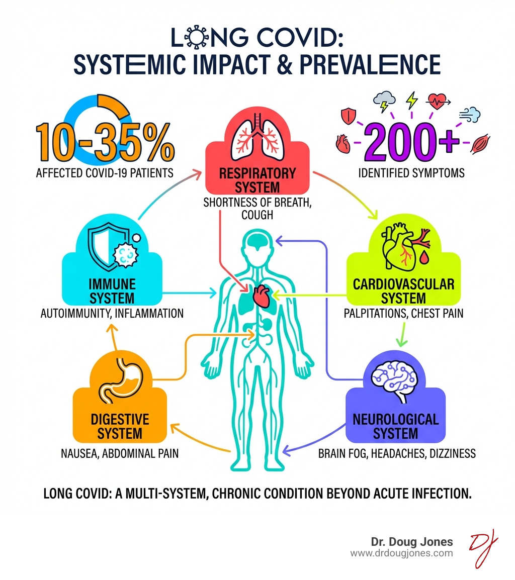 infographic showing Long COVID affects 10-35% of COVID-19 patients with over 200 identified symptoms across multiple organ systems including respiratory, cardiovascular, neurological, digestive, and immune systems - COVID long hauler infographic 