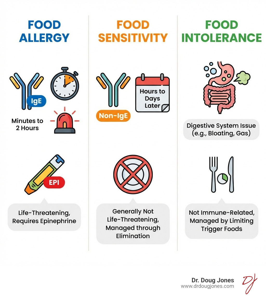 infographic showing three columns: Food Allergy (IgE-mediated immune response, symptoms within minutes to 2 hours, can be life-threatening, requires epinephrine), Food Sensitivity (non-IgE immune response, delayed symptoms hours to days later, generally not life-threatening, managed through elimination), and Food Intolerance (digestive system issue, symptoms like bloating or gas, not immune-related, managed by limiting trigger foods) - food allergy relief infographic 