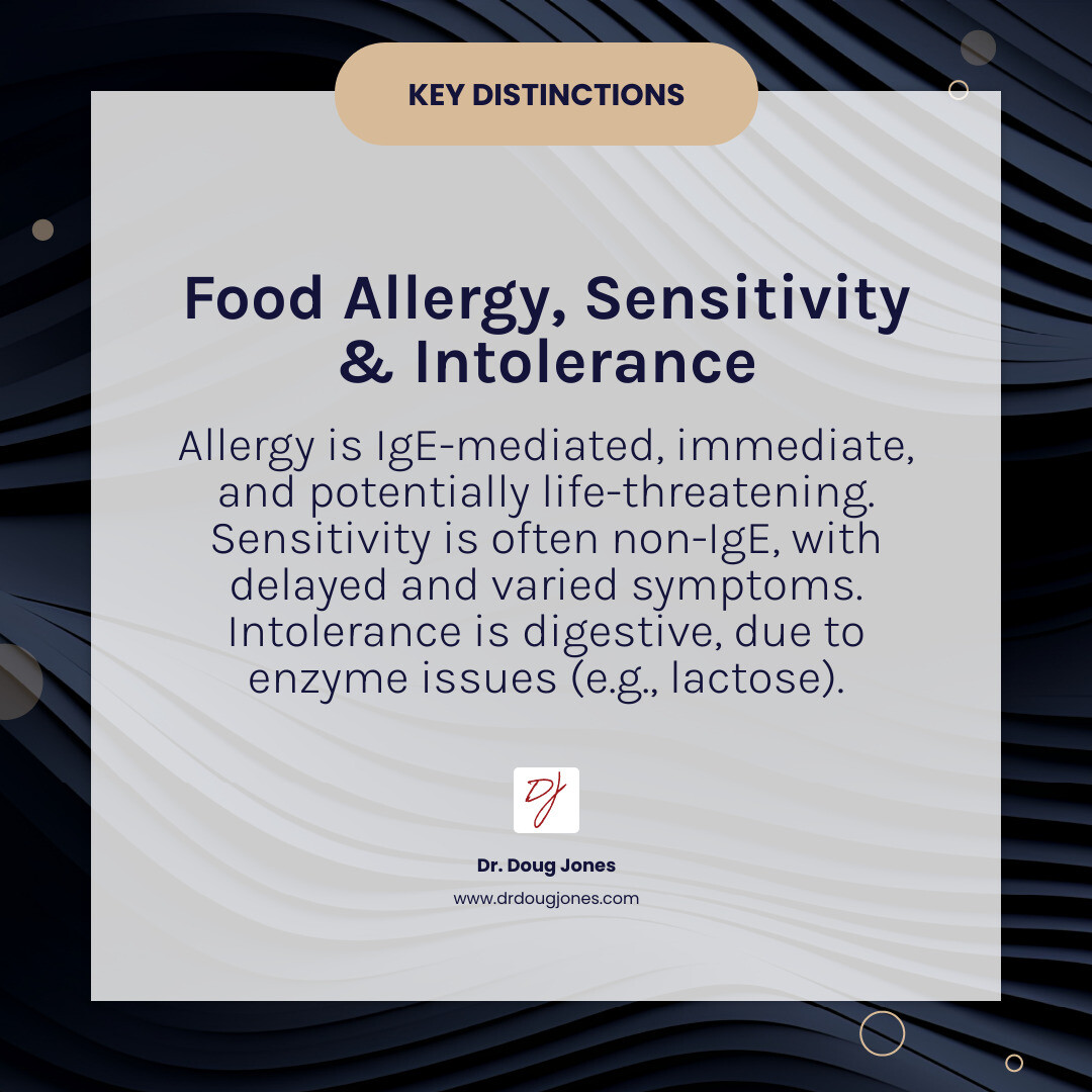 Infographic showing three columns comparing food allergy, food sensitivity, and food intolerance with key characteristics: Food Allergy shows IgE immune response, immediate symptoms like hives and anaphylaxis, requires skin prick or blood tests; Food Sensitivity shows non-IgE or unclear immune response, delayed symptoms like bloating and headaches, diagnosed via elimination diet; Food Intolerance shows no immune response, digestive symptoms, caused by enzyme deficiency like lactose intolerance - food sensitivity testing infographic simple-info-card-dark