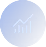 White upward trending bar chart icon on a blue circular background.