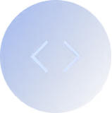 Blue circular button with white code brackets symbols inside.