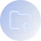 Blue circular icon with a white folder symbol and a small gear symbol at the bottom right.