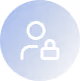 White user profile icon with a padlock on a blue circular background.