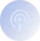 White podcast icon on a blue circular background.